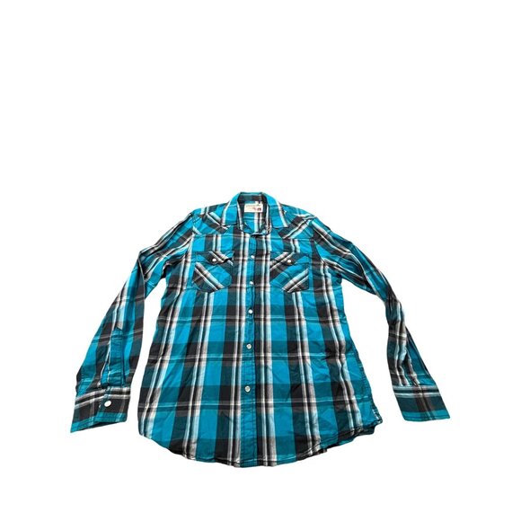 JNCO Crown Brand Mens Large Turquoise Plaid Button-Up Shirt Grunge Y2K Rapper - Picture 1 of 10